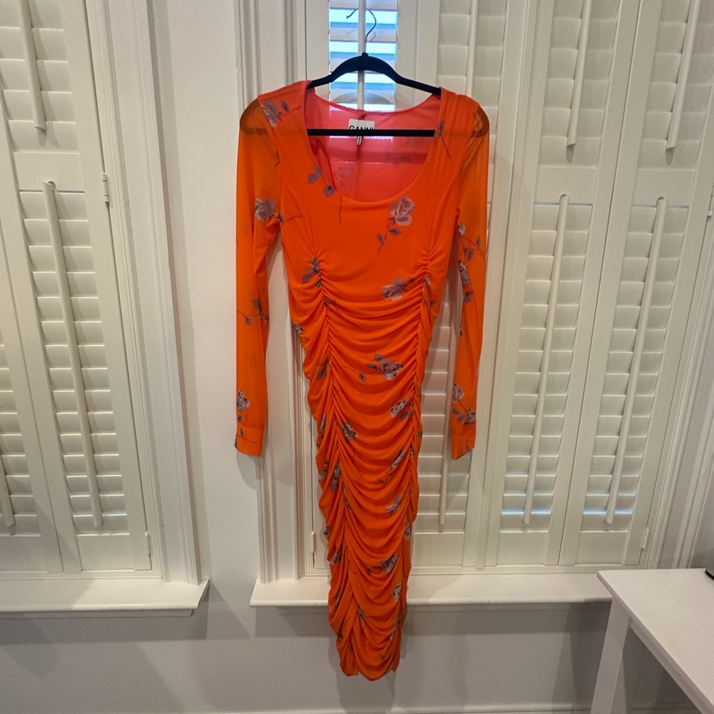 Ganni Vibrant Orange Floral Long Sleeve Dress